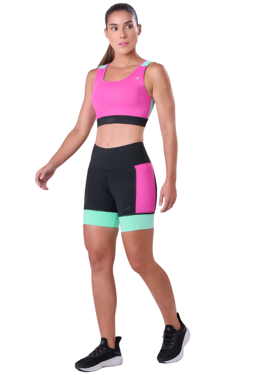 Bermuda Grit Bossa 3 Bolsos 15 cm Fem Ind Preto / Pink Fluor / Verde Menta Authen