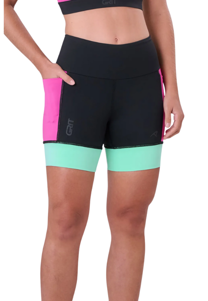 Bermuda Grit Bossa 3 Bolsos 15 cm Fem Ind Preto / Pink Fluor / Verde Menta Authen