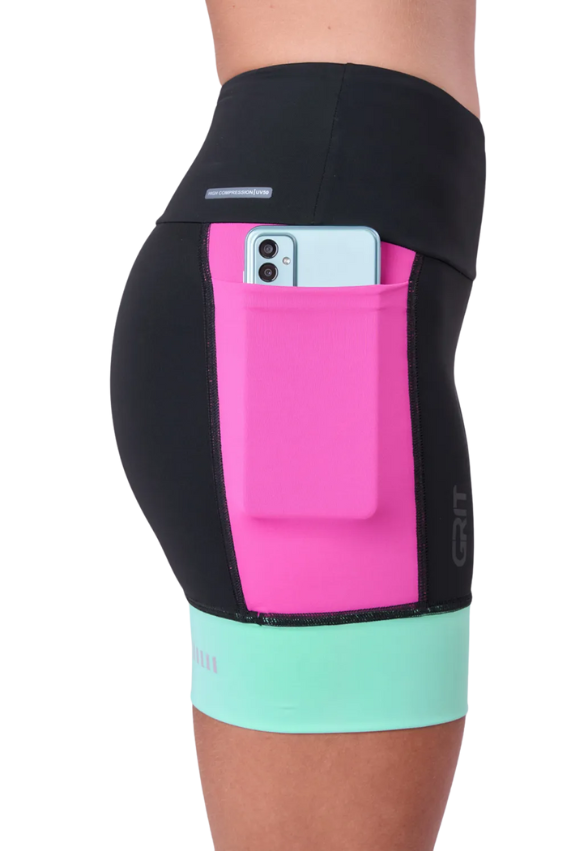 Bermuda Grit Bossa 3 Bolsos 15 cm Fem Ind Preto / Pink Fluor / Verde Menta Authen